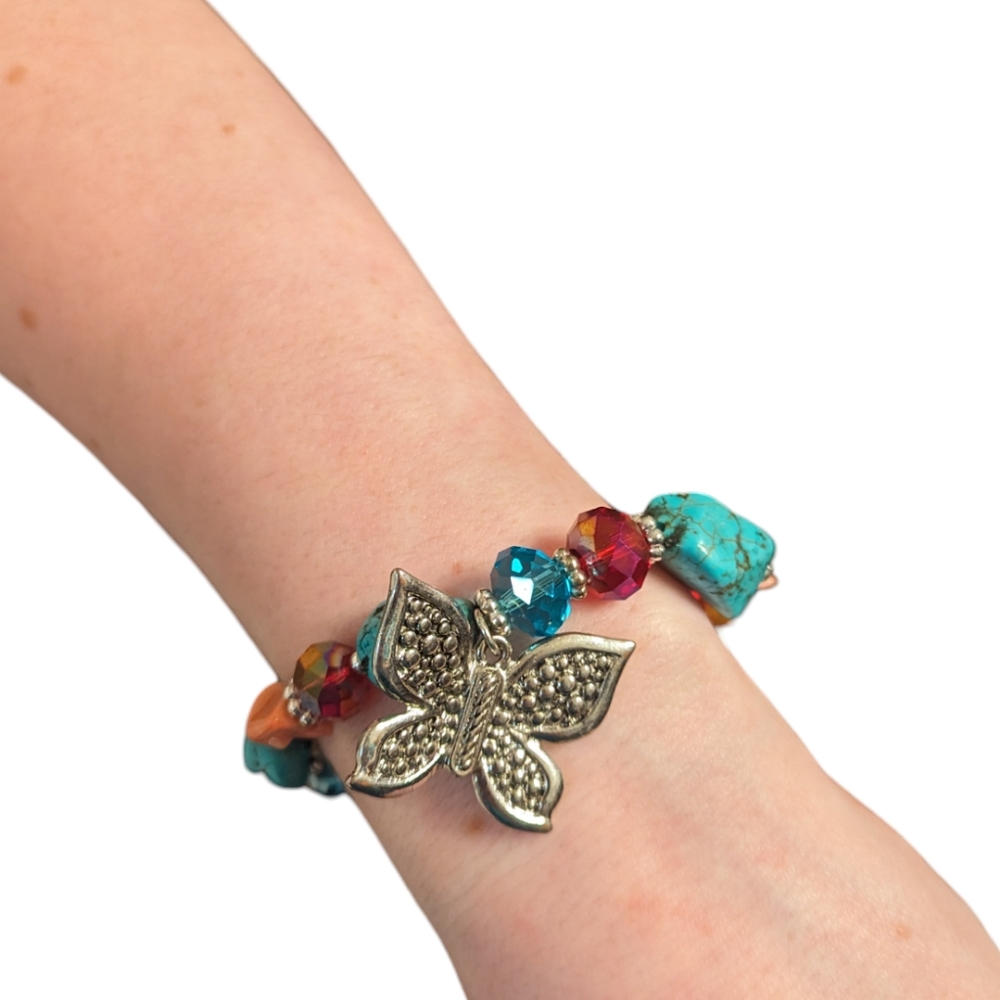 Turquoise Crystal Beaded Silver Butterfly Charm Bracelet
